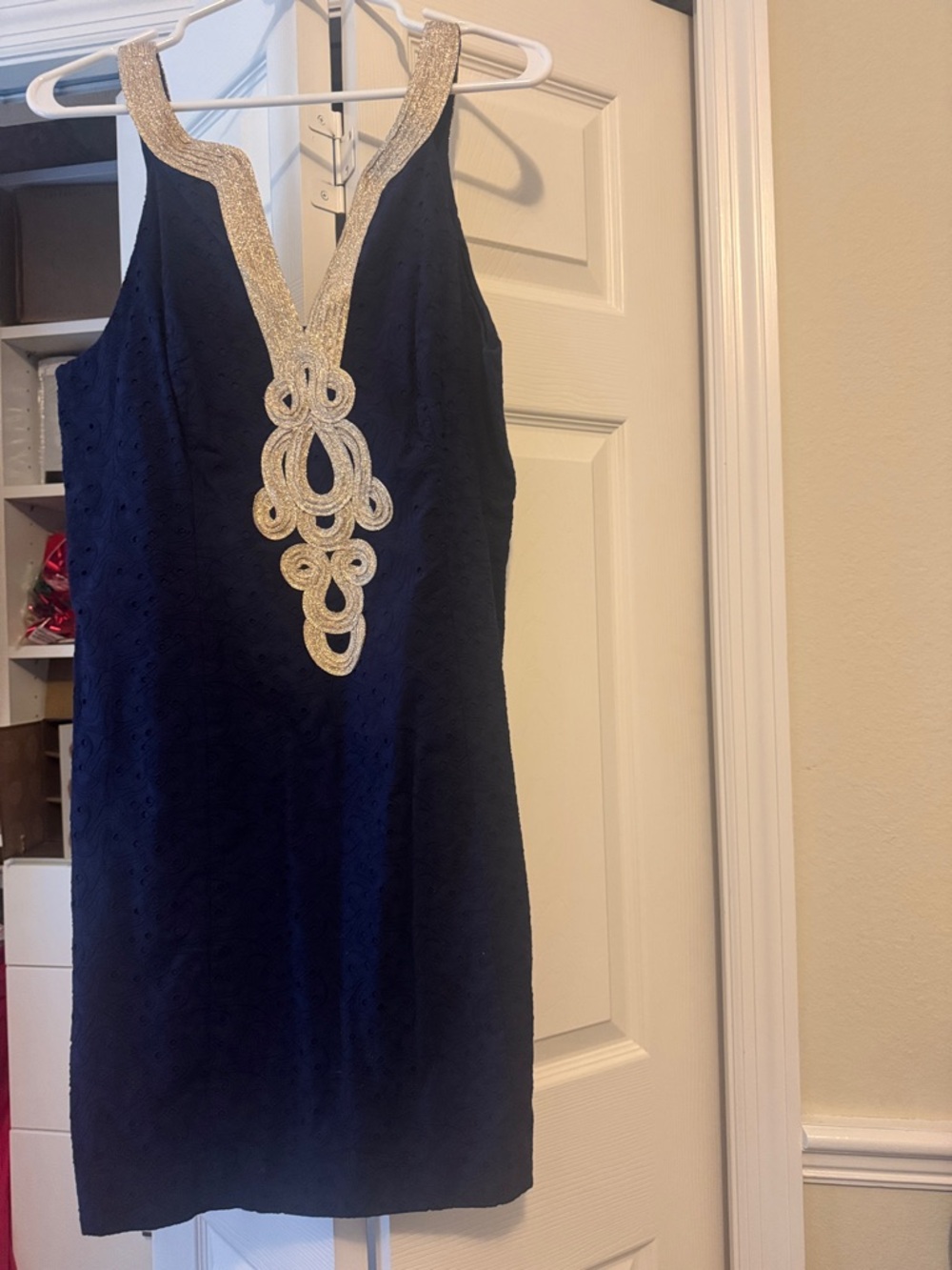 Lilly Pulitzer Navy Mini Dress with Gold Embellished V-Neck